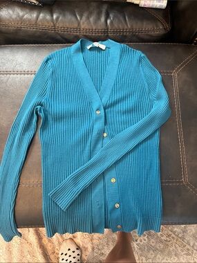 LOFT Teal Ribbed V-Neck Button Cardigan